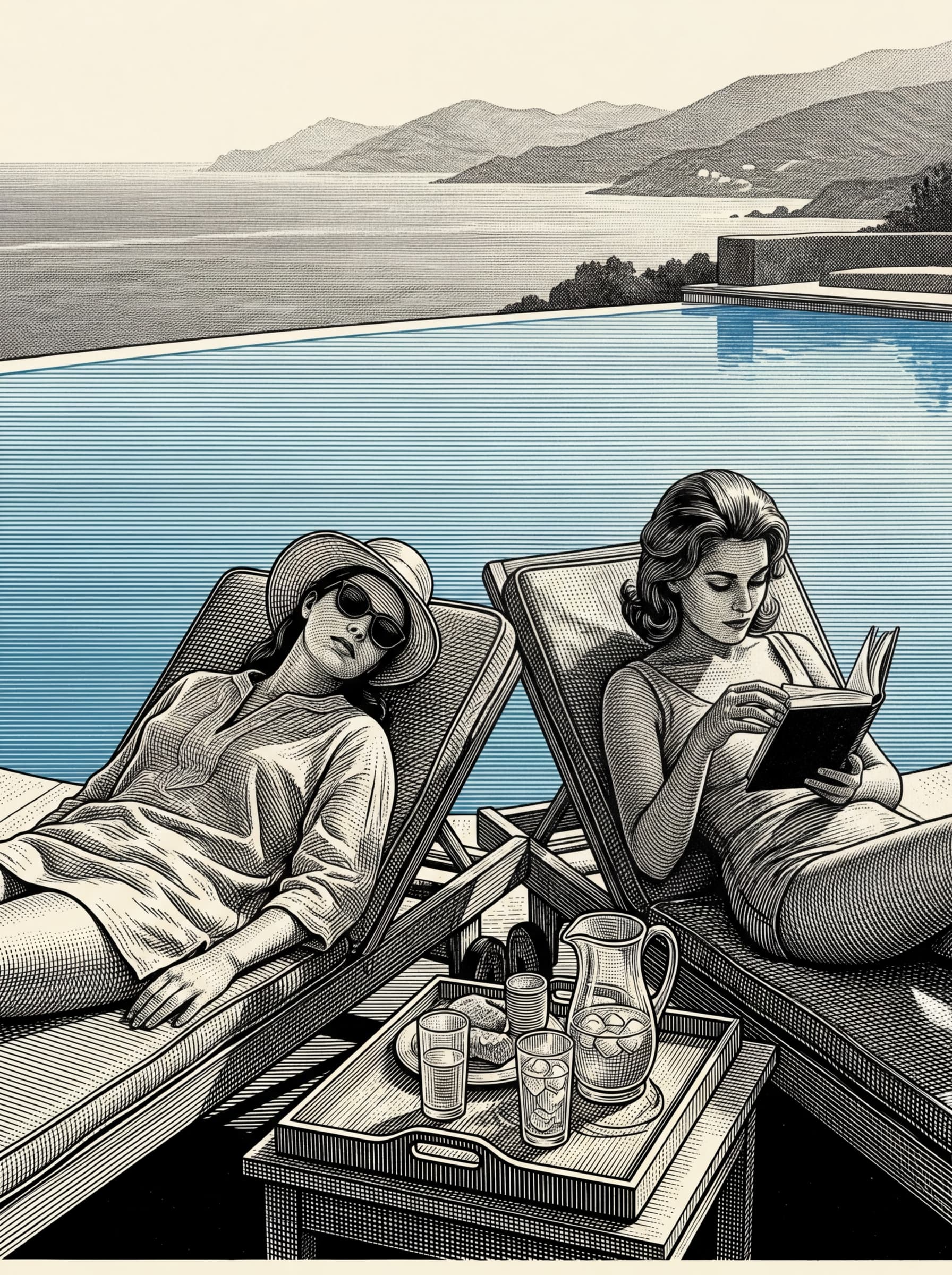 Two women on sun loungers beside a blue infinity pool overlooking Mediterranean sea, one asleep with sunglasses on, one reading, a tray of drinks between them. Golden hour. They are completely unaware of being looked at. Rendered as obsessive woodcut engraving in the exact visual register of Slim Aarons' 1962 pool photographs — but translated into black and cream crosshatch illustration, the pool rendered in horizontal parallel lines suggesting water, the mountains in the distance in soft hatching. Every fold of fabric, every shadow individually crosshatched. White background. Portrait format 3:4. Full bleed, no border, no frame, no decorative edge, no margin, artwork fills the entire image to all four sides.