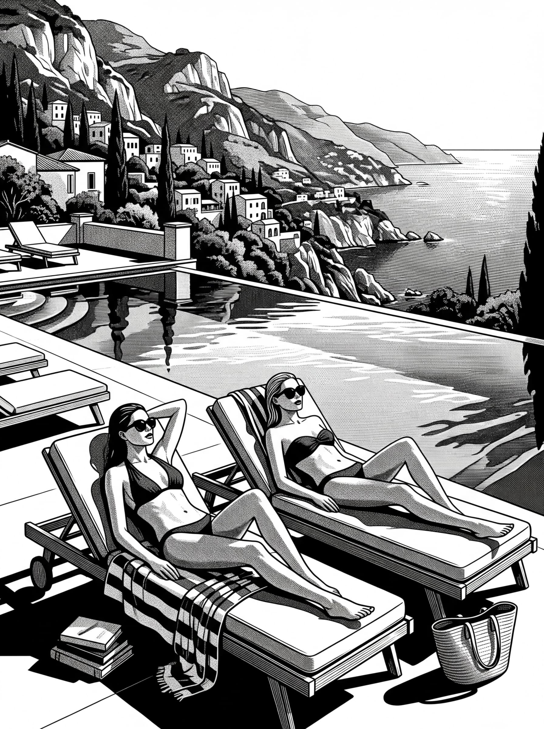 Black and white editorial fashion aesthetic rendered as premium illustration. Two women in bikinis lying by an infinity pool overlooking a Mediterranean coastline, sunglasses on, completely unbothered, golden hour light casting long shadows. Slim Aarons photography translated into high contrast black and white fine line engraving illustration. Timeless luxury, zero effort energy. Portrait format 3:4. Full bleed, no border, no frame, no decorative edge, no margin, artwork fills the entire image to all four sides.