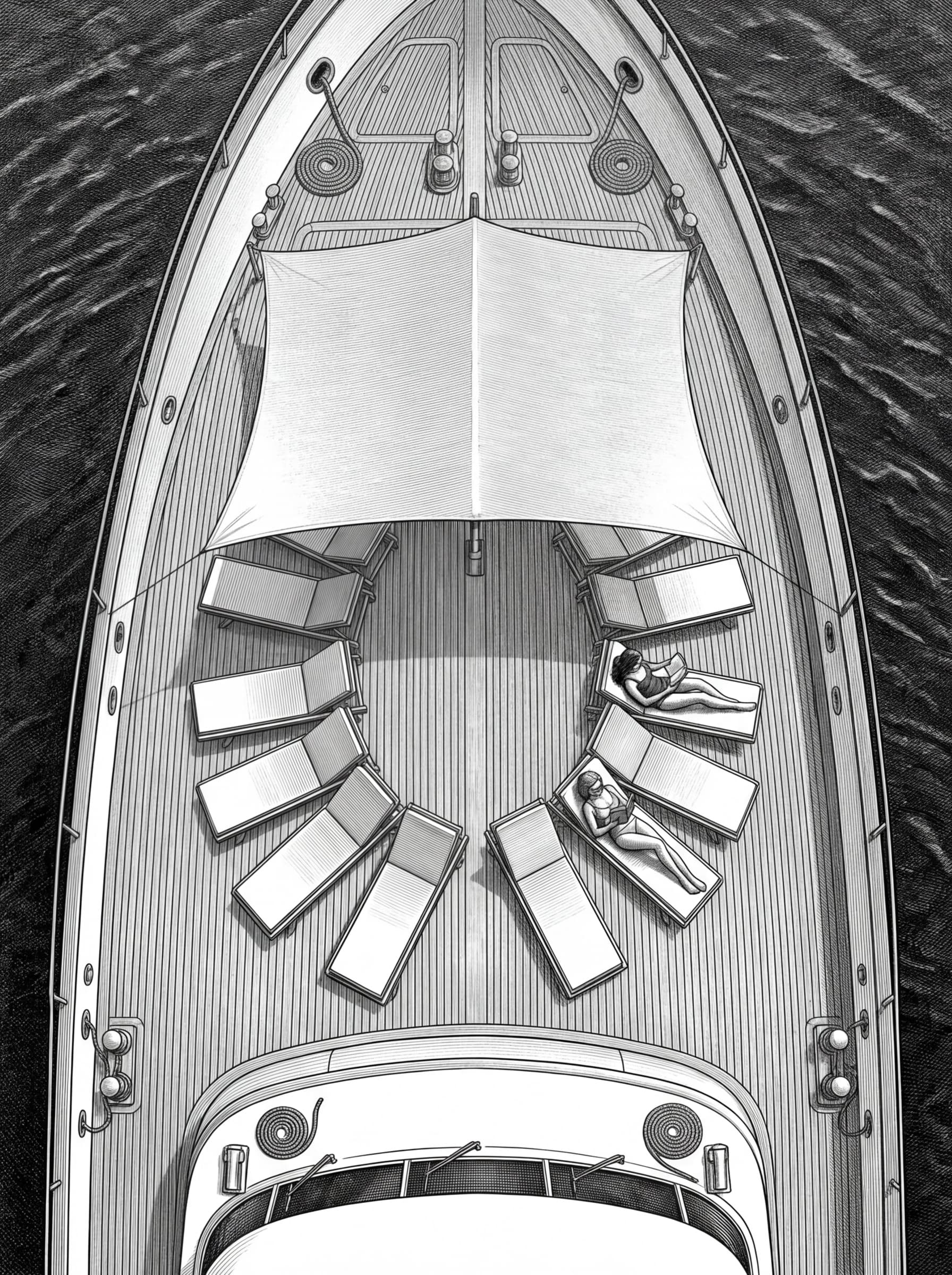 Black and white editorial illustration. The deck of a luxury yacht from directly above — sun chairs, a woman reading, deep blue sea visible at edges, everything symmetrical and composed. Slim Aarons aerial photography aesthetic rendered as fine black and white engraving. Portrait format 3:4. Full bleed, no border, no frame, no decorative edge, no margin, artwork fills the entire image to all four sides.