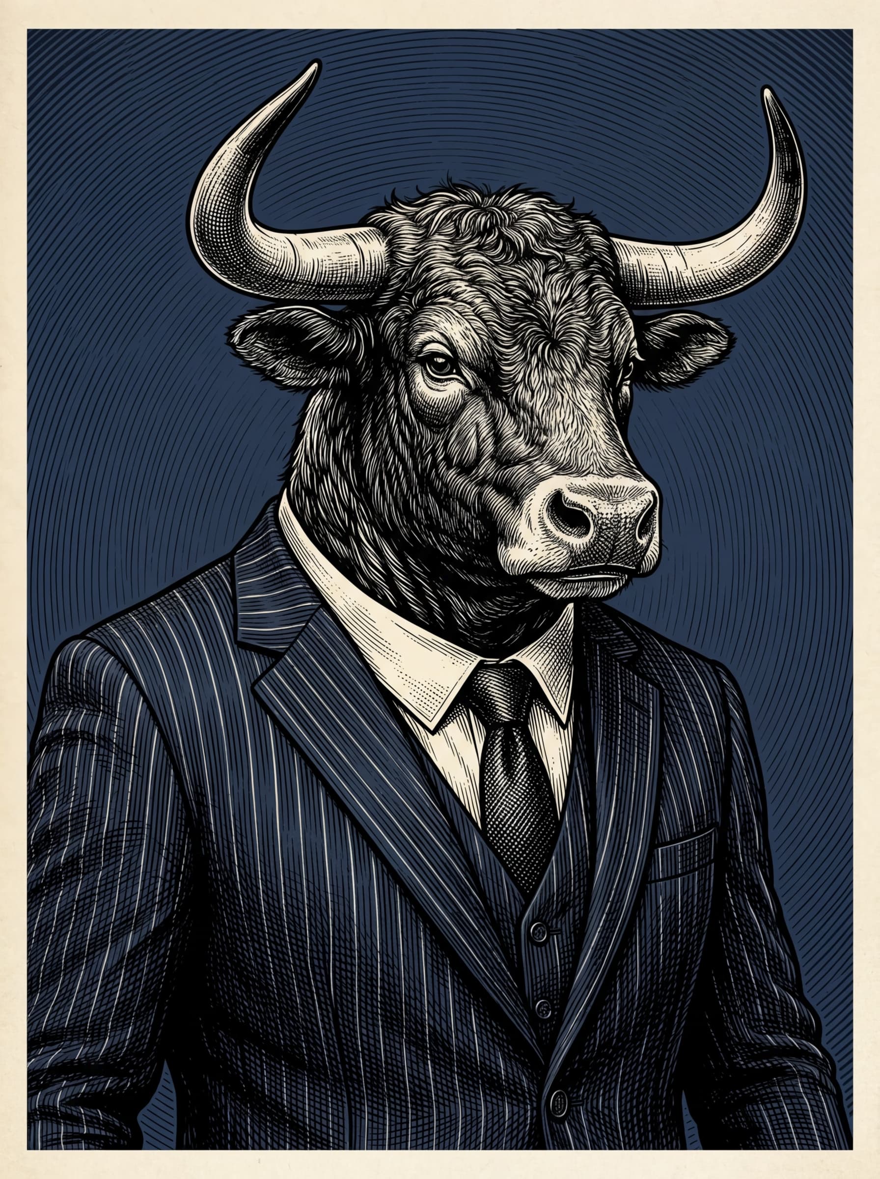 Premium art print quality illustration. A bull wearing a pinstripe suit jacket and tie — raw animal in business attire — rendered in obsessive woodcut engraving style, every wrinkle of the fabric and every hair of the neck individually crosshatched. Wall Street meets the wild. Solid deep navy blue background with subtle concentric radiating line texture. Black and cream engraving on navy. Portrait format 3:4. Full bleed, no border, no frame, no decorative edge, no margin, artwork fills the entire image to all four sides.