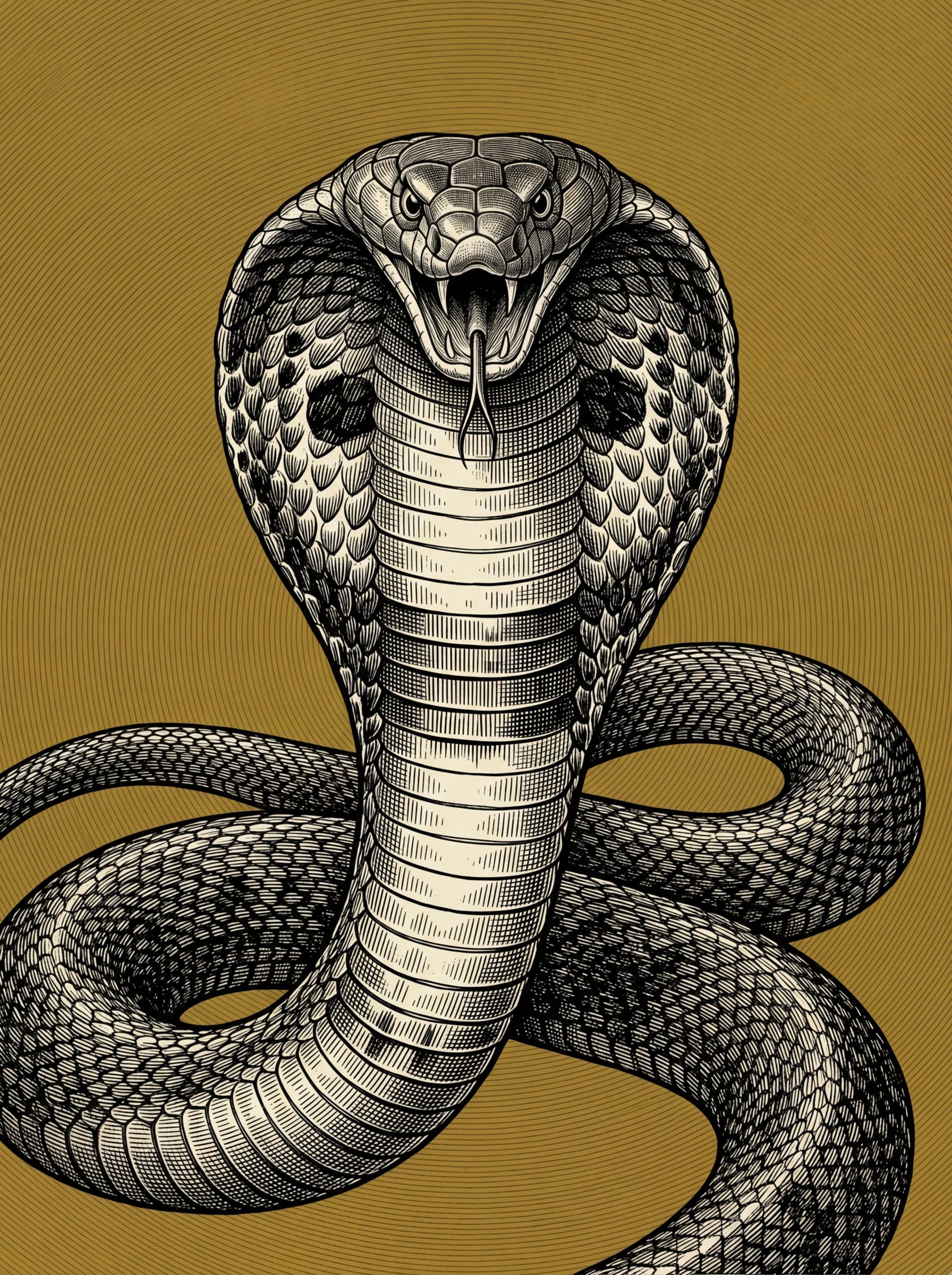 Premium art print quality illustration. King cobra in full strike pose, hood fully extended toward the viewer, filling the vertical frame. Every individual scale a separate engraving decision, shadow built from hundreds of crosshatch lines — Victorian copper-plate precision. Solid deep antique gold background with subtle concentric line texture radiating outward. Black and cream illustration on gold. Ultra detailed, museum quality, portrait format 3:4. Full bleed, no border, no frame, no decorative edge, no margin, artwork fills the entire image to all four sides.
