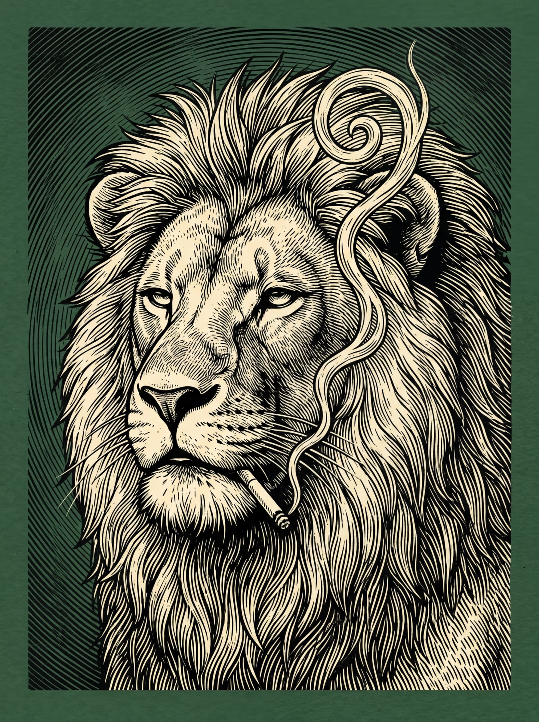 Premium art print quality illustration. A male lion with full mane, a cigarette resting casually between its lips, smoke rising in a perfect curl — rendered in obsessive 19th century woodcut engraving style, every strand of mane individually crosshatched. Completely unbothered energy. Solid deep forest green background with subtle concentric radiating line texture. Black and cream illustration on forest green. Portrait format 3:4. Full bleed, no border, no frame, no decorative edge, no margin, artwork fills the entire image to all four sides.