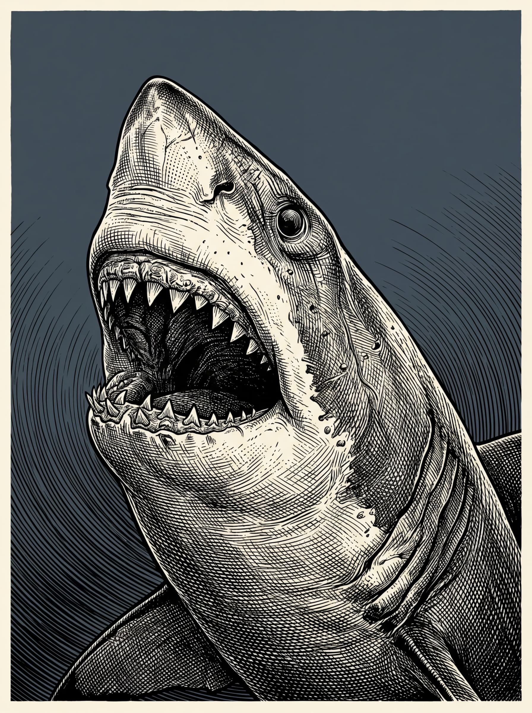 Premium art print quality illustration. A great white shark head emerging from below, mouth slightly open, teeth visible, rendered in obsessive woodcut engraving crosshatch detail — every tooth, every gill slit, every pore individually rendered. Solid deep steel grey background with subtle concentric radiating line texture. Black and cream engraving on steel grey. Corporate predator. Portrait format 3:4. Full bleed, no border, no frame, no decorative edge, no margin, artwork fills the entire image to all four sides.