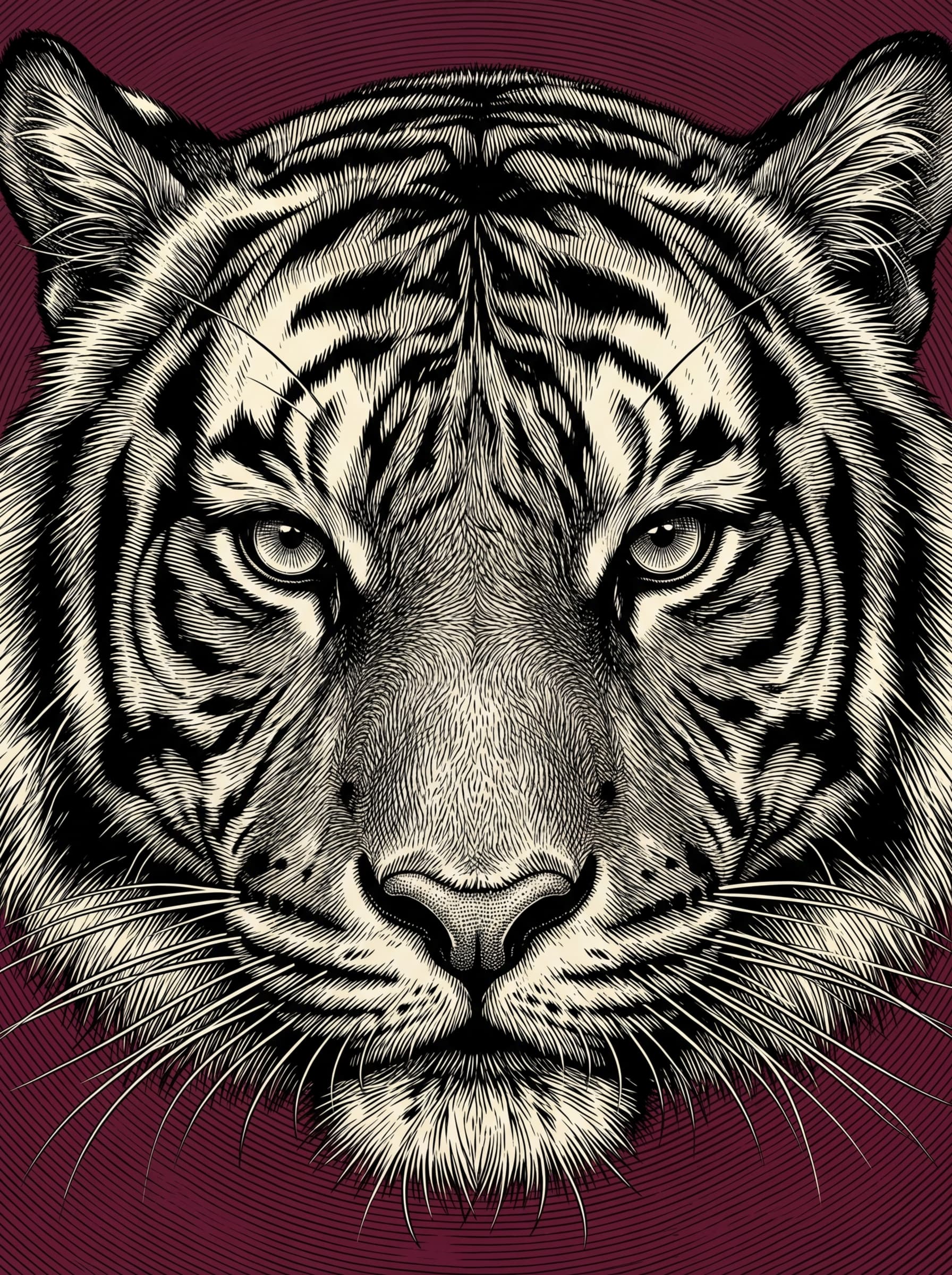 Premium art print quality illustration. Bengal tiger face in extreme close-up, cropped so the face fills the entire frame — nose to top of head, ear to ear. Eyes forward, direct gaze, absolute stillness before violence. Every whisker individually rendered, fur built from thousands of directional crosshatch engraving lines like Gustave Doré. Solid deep burgundy background with subtle concentric line texture radiating outward. Black and cream illustration on burgundy. Portrait format 3:4. Full bleed, no border, no frame, no decorative edge, no margin, artwork fills the entire image to all four sides.